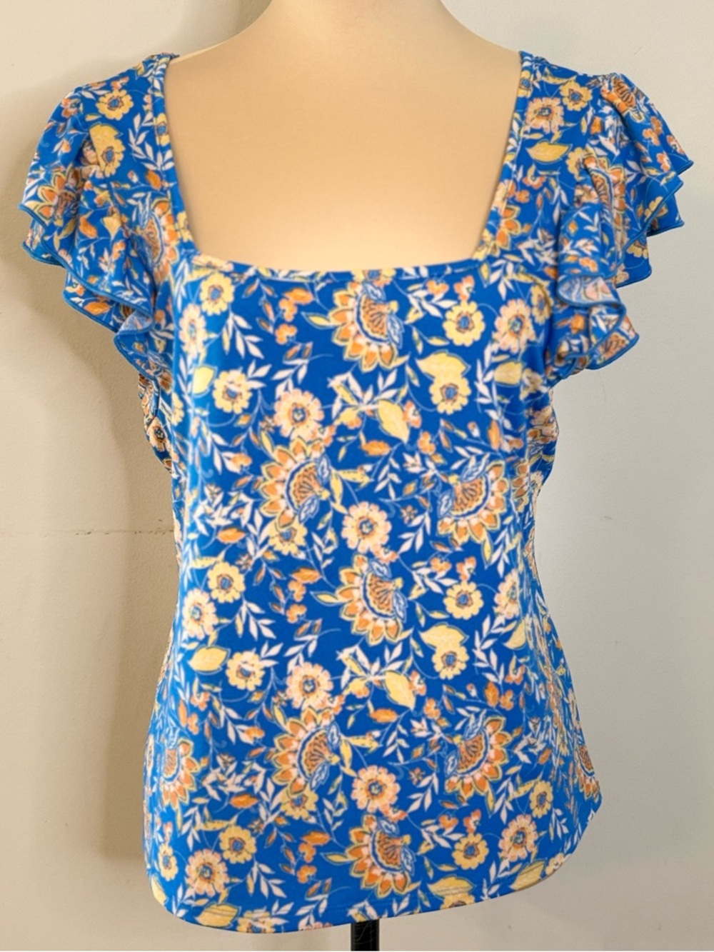 Eclair blue & yellow floral top short ruffled sleeves SZ LG